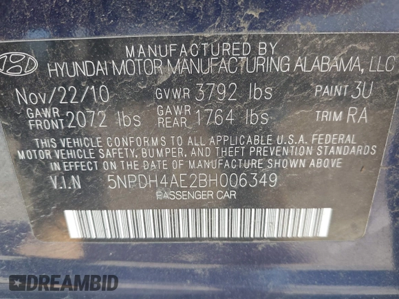 2011 Hyundai Elantra Limited с VIN 5NPDH4AE2BH006349, выставлен на аукционе IAAI как лот 42525165 с пробегом 149 160 миль миль и . История ставок и продаж доступна на DreamBid. Изображение 9.