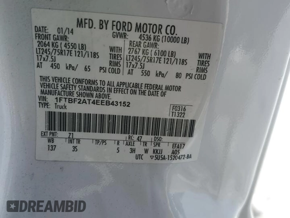 2014 Ford Super Duty F-250 SRW XL with VIN 1FTBF2AT4EEB43152, listed as a Copart auction lot 87902635 with 0 mi miles and Clean Title. Bid and sale history available at carsss.com. Image 12.