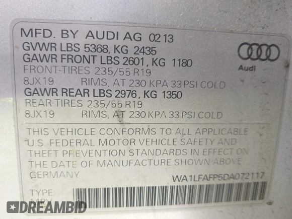 2013 Audi Q5 Premium Plus with VIN WA1LFAFP5DA072117, listed as a IAAI auction lot 42143286 with 235,199 mi miles. Bid and sale history available at carsss.com. Image 9.