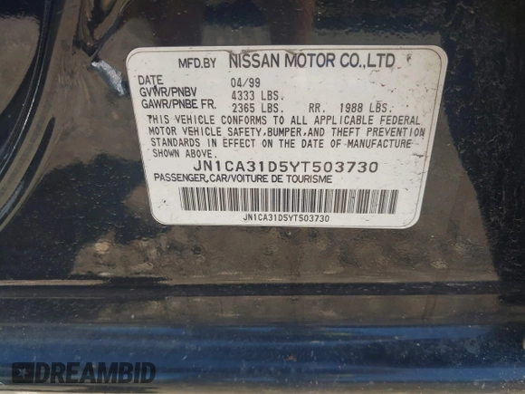 2000 Nissan Maxima GXE с VIN JN1CA31D5YT503730, выставлен на аукционе IAAI как лот 42165125 с пробегом Не указан миль и . История ставок и продаж доступна на DreamBid. Изображение 9.