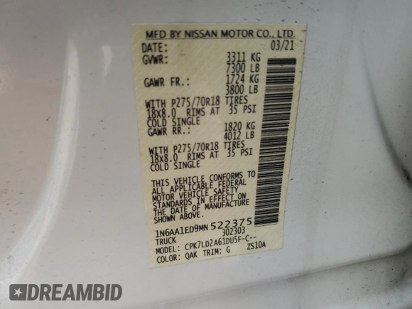 2021 Nissan Titan Pro-4X с VIN 1N6AA1ED9MN522375, выставлен на аукционе Copart как лот 54045655 с пробегом Не указан миль и Списание • Salvage title. История ставок и продаж доступна на DreamBid. Изображение 12.