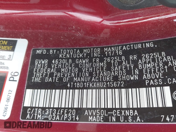 2017 Toyota Camry Hybrid LE with VIN 4T1BD1FKXHU215672, listed as a IAAI auction lot 41382365 with 165,863 mi miles. Bid and sale history available at carsss.com. Image 9.