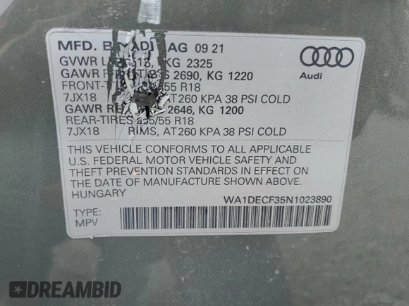 2022 Audi Q3 S line Premium z VIN WA1DECF35N1023890, wystawiony jako Copart lot #56764655 z przebiegiem 36 220 mil mil oraz Szkoda całkowita • Salvage title. Historia ofert i sprzedaży dostępna na DreamBid. Obrazek 14.