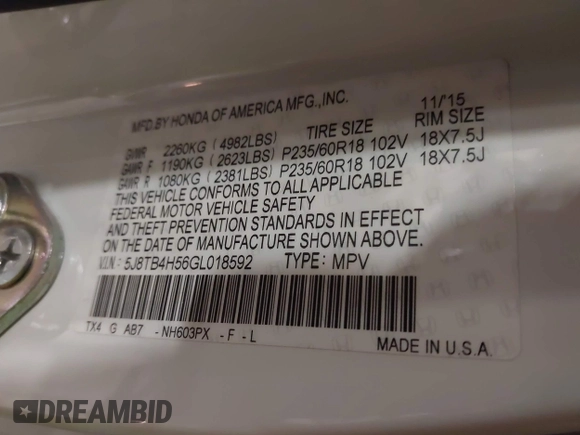 2016 Acura RDX Tech Pkg with VIN 5J8TB4H56GL018592, listed as a IAAI auction lot 41091796 with 101,569 mi miles. Bid and sale history available at carsss.com. Image 9.
