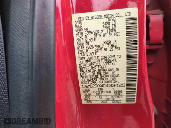 2004 Nissan Frontier SC with VIN 1N6MD29YX4C403429, listed as a Copart auction lot 43655135 with 105,282 mi miles and Salvage title. Bid and sale history available at DreamBid. Image 12.