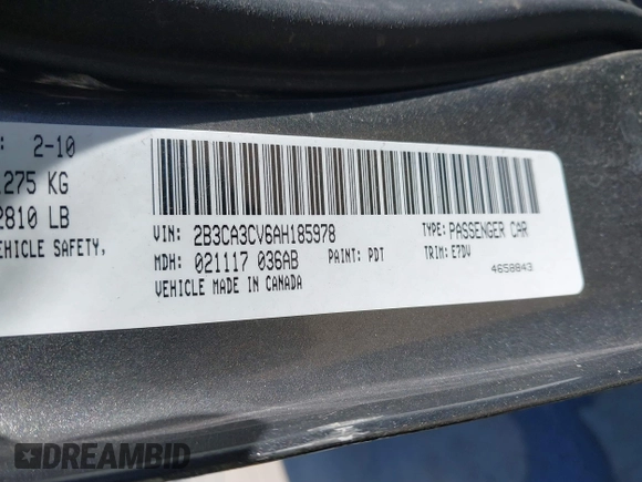 2010 Dodge Charger SXT with VIN 2B3CA3CV6AH185978, listed as a IAAI auction lot 41661822 with 166,601 mi miles. Bid and sale history available at carsss.com. Image 9.