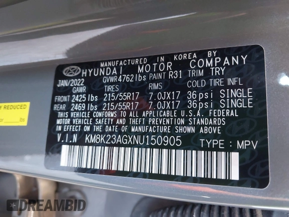 2022 Hyundai Kona SE с VIN KM8K23AGXNU150905, выставлен на аукционе IAAI как лот 42478689 с пробегом 16 327 миль миль и . История ставок и продаж доступна на DreamBid. Изображение 9.