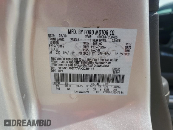 2010 Ford Escape XLT z VIN 1FMCU9D77AKC30116, wystawiony jako Copart lot #55429945 z przebiegiem 154 608 mil mil oraz Czysty tytuł • Clean title. Historia ofert i sprzedaży dostępna na DreamBid. Obrazek 13.