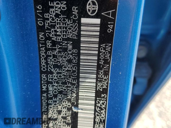 2016 Scion iM with VIN JTNKARJE1GJ518218, listed as a Copart auction lot 56655895 with 107,115 mi miles and Salvage title. Bid and sale history available at DreamBid. Image 12.