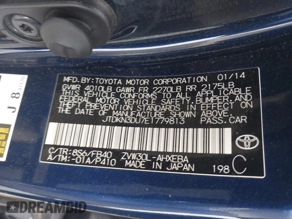 2014 Toyota Prius Four with VIN JTDKN3DU7E1779813, listed as a IAAI auction lot 42395989 with 148,626 mi miles and . Bid and sale history available at DreamBid. Image 9.