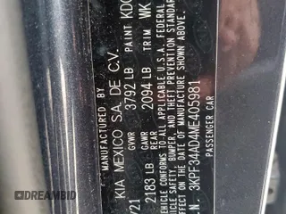 2021 Kia Forte GT-Line с VIN 3KPF34AD4ME405981, выставлен на аукционе Copart как лот 59432195 с пробегом 47 019 миль миль и Списание • Salvage title. История ставок и продаж доступна на DreamBid. Изображение 12.