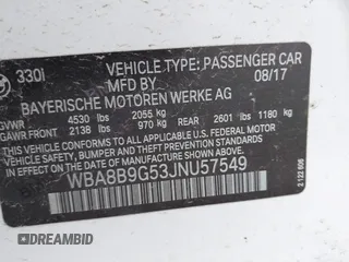 2018 BMW 3 Series 330i with VIN WBA8B9G53JNU57549, listed as a IAAI auction lot 41521049 with 63,557 mi miles and . Bid and sale history available at DreamBid. Image 9.