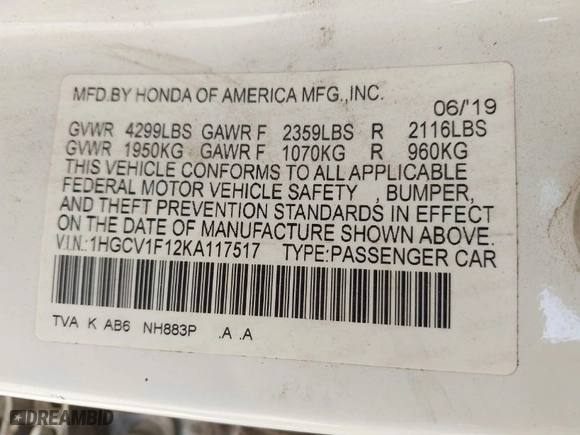 2019 Honda Accord Sedan LX 1.5T with VIN 1HGCV1F12KA117517, listed as a IAAI auction lot 41823520 with 237,987 mi miles. Bid and sale history available at carsss.com. Image 9.