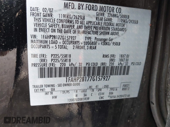 2007 Ford Five Hundred Limited z VIN 1FAHP28177G157927, wystawiony jako IAAI lot #42328521 z przebiegiem 111 850 mil mil oraz . Historia ofert i sprzedaży dostępna na DreamBid. Obrazek 9.