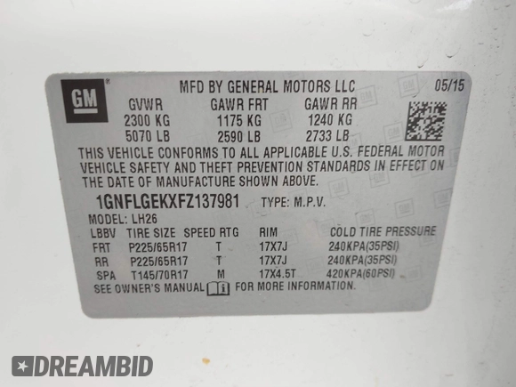 2015 Chevrolet Equinox LT with VIN 1GNFLGEKXFZ137981, listed as a IAAI auction lot 41635184 with 150,795 mi miles. Bid and sale history available at carsss.com. Image 9.