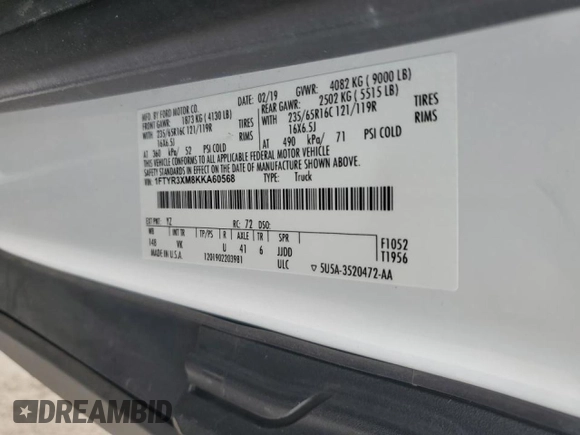 2019 Ford Transit с VIN 1FTYR3XM8KKA60568, выставлен на аукционе Copart как лот 57693525 с пробегом 213 887 миль миль и Чистый • Clean title. История ставок и продаж доступна на DreamBid. Изображение 13.