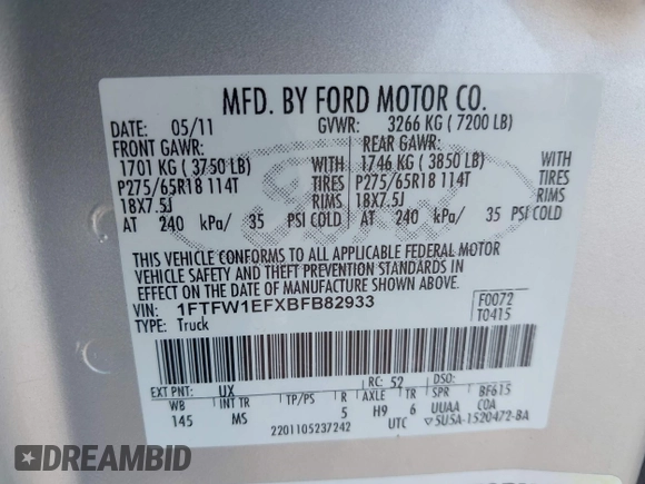 2011 Ford F-150 XL z VIN 1FTFW1EFXBFB82933, wystawiony jako IAAI lot #42535204 z przebiegiem 210 038 mil mil oraz . Historia ofert i sprzedaży dostępna na DreamBid. Obrazek 9.