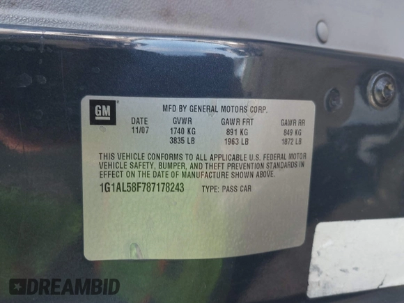 2008 Chevrolet Cobalt LT z VIN 1G1AL58F787178243, wystawiony jako IAAI lot #41259263 z przebiegiem 114 870 mil mil oraz . Historia ofert i sprzedaży dostępna na DreamBid. Obrazek 9.