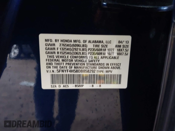 2013 Honda Pilot EX-L with VIN 5FNYF4H58DB058292, listed as a IAAI auction lot 41515095 with 150,909 mi miles. Bid and sale history available at carsss.com. Image 9.