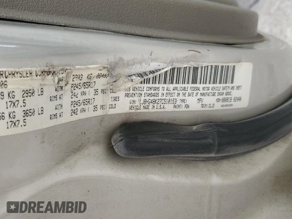 2007 Jeep Commander Sport with VIN 1J8HG48K27C510153, listed as a Copart auction lot 61045695 with 187,909 mi miles and Clean title. Bid and sale history available at DreamBid. Image 13.