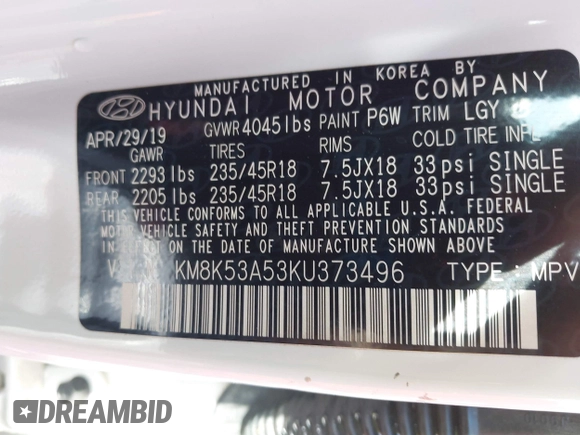 2019 Hyundai Kona Ultimate with VIN KM8K53A53KU373496, listed as a IAAI auction lot 42009405 with 69,206 mi miles and . Bid and sale history available at carsss.com. Image 9.