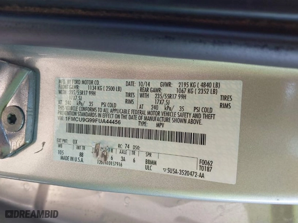 2015 Ford Escape SE with VIN 1FMCU9G99FUA44456, listed as a IAAI auction lot 40526412 with 94,998 mi miles. Bid and sale history available at carsss.com. Image 9.