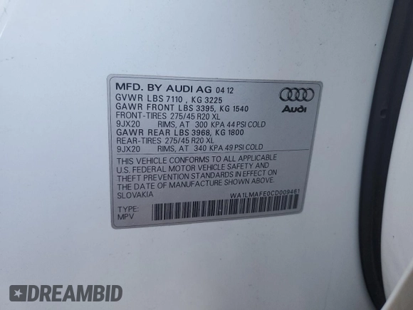 2012 Audi Q7 3.0L TDI Premium Plus with VIN WA1LMAFE0CD009461, listed as a Copart auction lot 88027175 with 0 mi miles and Salvage Title. Bid and sale history available at carsss.com. Image 13.