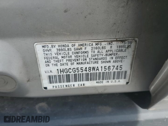 1998 Honda Accord LX with VIN 1HGCG5548WA156745, listed as a Copart auction lot 61944775 with 357,402 mi miles and Salvage title. Bid and sale history available at DreamBid. Image 12.