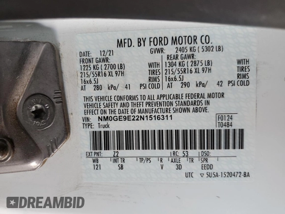 2022 Ford Transit Connect XL with VIN NM0GE9E22N1516311, listed as a Copart auction lot 74842574 with 127,108 mi miles and Clean title. Bid and sale history available at DreamBid. Image 12.