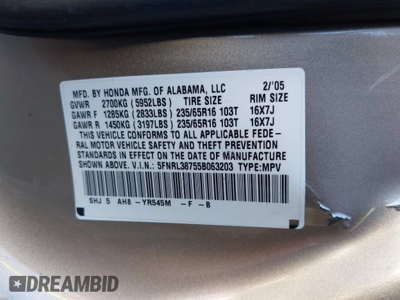 2005 Honda Odyssey EX-L with VIN 5FNRL38755B063203, listed as a IAAI auction lot 41073372 with Not provided miles and . Bid and sale history available at DreamBid. Image 9.