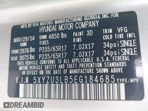 2014 Hyundai Santa Fe с VIN 5XYZU3LB5EG184685, выставлен на аукционе IAAI как лот 42407330 с пробегом 125 759 миль миль и . История ставок и продаж доступна на DreamBid. Изображение 9.