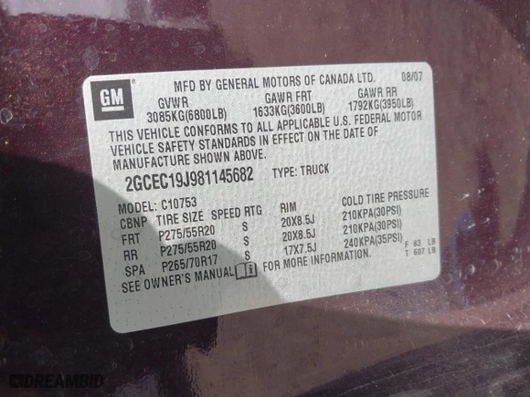 2008 Chevrolet Silverado 1500 LT w/1LT with VIN 2GCEC19J981145682, listed as a IAAI auction lot 41511150 with 142,290 mi miles. Bid and sale history available at carsss.com. Image 9.