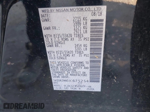 2018 Nissan Pathfinder S with VIN 5N1DR2MN0JC675254, listed as a IAAI auction lot 41492432 with 66,571 mi miles and . Bid and sale history available at DreamBid. Image 9.