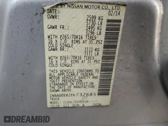 2014 Nissan Frontier SV with VIN 1N6AD0ER2EN732685, listed as a Copart auction lot 42761155 with 174,009 mi miles and Salvage Title. Bid and sale history available at DreamBid. Image 12.