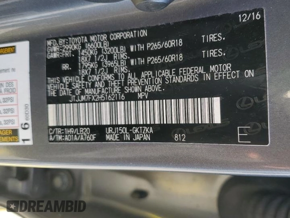 2017 Lexus GX 460 with VIN JTJJM7FX2H5162116, listed as a Copart auction lot 86663554 with 27,494 mi miles and Salvage title. Bid and sale history available at DreamBid. Image 13.