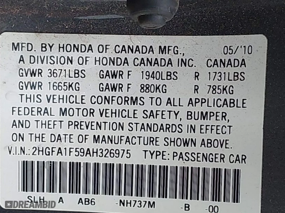 2010 Honda Civic Sdn LX with VIN 2HGFA1F59AH326975, listed as a IAAI auction lot 41953281 with 214,910 mi miles. Bid and sale history available at carsss.com. Image 9.