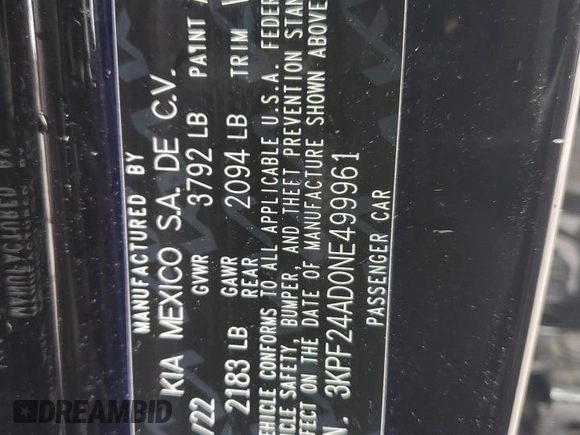 2022 Kia Forte LXS with VIN 3KPF24AD0NE499961, listed as a Copart auction lot 49173265 with 43,882 mi miles and Salvage Title. Bid and sale history available at DreamBid. Image 12.