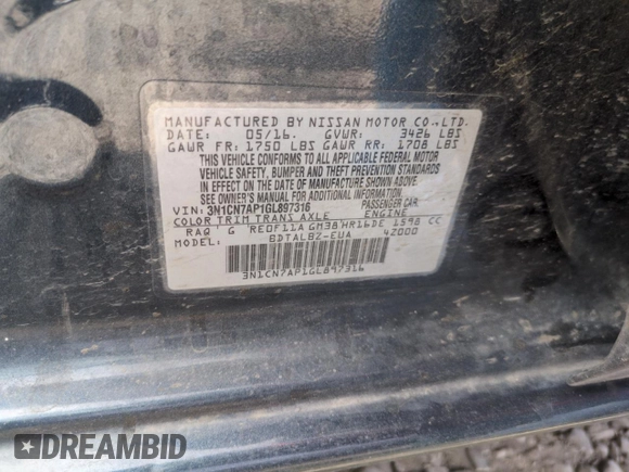 2016 Nissan Versa S Plus with VIN 3N1CN7AP1GL897316, listed as a Copart auction lot 59285645 with Not provided miles and Salvage title. Bid and sale history available at DreamBid. Image 12.