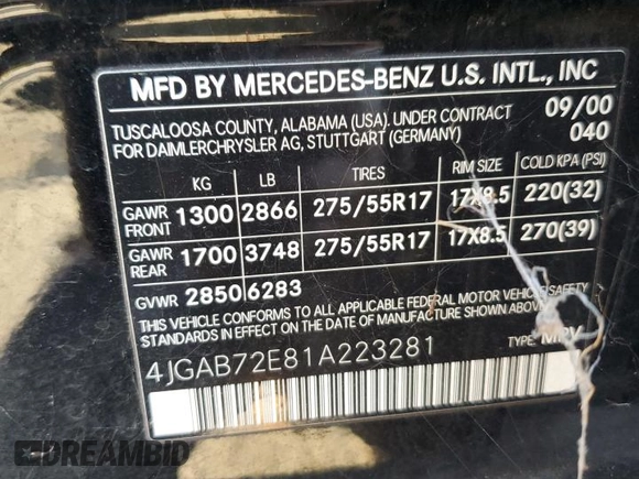 2001 Mercedes-Benz M 320/430/500 z VIN 4JGAB72E81A223281, wystawiony jako Copart lot #71578344 z przebiegiem 112 186 mil mil oraz Czysty tytuł • Clean title. Historia ofert i sprzedaży dostępna na DreamBid. Obrazek 13.