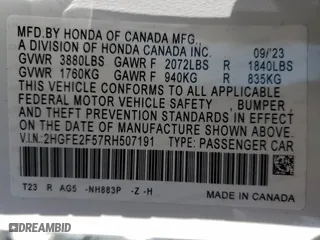 2024 Honda Civic Sedan Sport with VIN 2HGFE2F57RH507191, listed as a Copart auction lot 48290915 with 13,252 mi miles and Non Repairable. Bid and sale history available at carsss.com. Image 12.