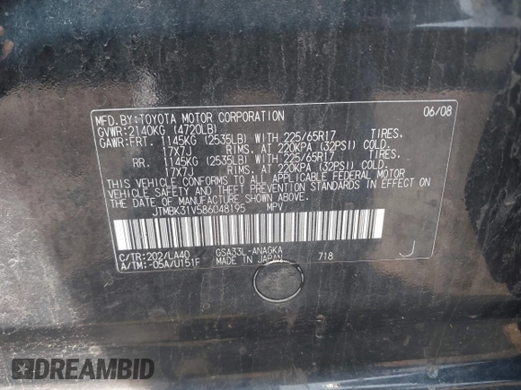 2008 Toyota RAV4 Limited with VIN JTMBK31V586048195, listed as a IAAI auction lot 42866795 with 200,668 mi miles and . Bid and sale history available at DreamBid. Image 9.