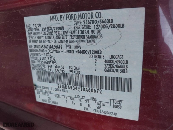 2001 Ford Windstar Wagon SEL with VIN 2FMDA53491BA60672, listed as a IAAI auction lot 41526697 with 172,568 mi miles. Bid and sale history available at carsss.com. Image 9.