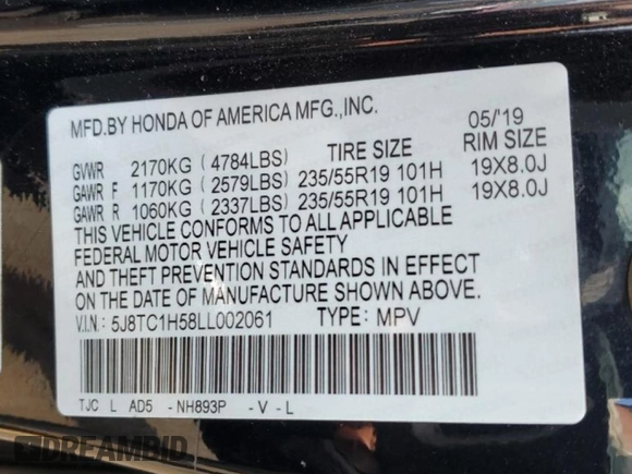2020 Acura RDX Technology with VIN 5J8TC1H58LL002061, listed as a Copart auction lot 51176745 with 57,037 mi miles and Salvage title. Bid and sale history available at DreamBid. Image 13.