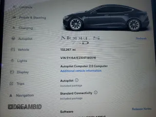 2017 Tesla Model S 100D с VIN 5YJSA1E2XHF185516, выставлен на аукционе Copart как лот 61816135 с пробегом 132 267 миль миль и Списание • Salvage title. История ставок и продаж доступна на DreamBid. Изображение 9.