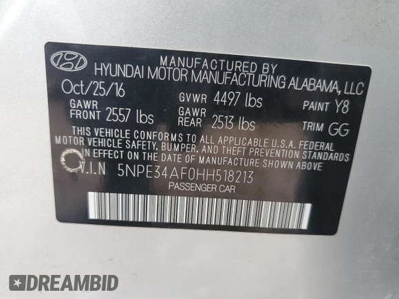 2017 Hyundai Sonata Sport with VIN 5NPE34AF0HH518213, listed as a Copart auction lot 56389755 with 123,244 mi miles and Salvage Title. Bid and sale history available at DreamBid. Image 12.