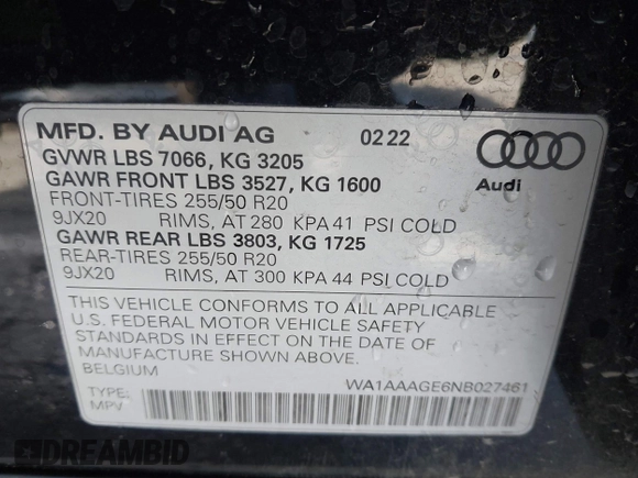 2022 Audi e-tron Premium with VIN WA1AAAGE6NB027461, listed as a IAAI auction lot 41830461 with 25,727 mi miles. Bid and sale history available at carsss.com. Image 9.