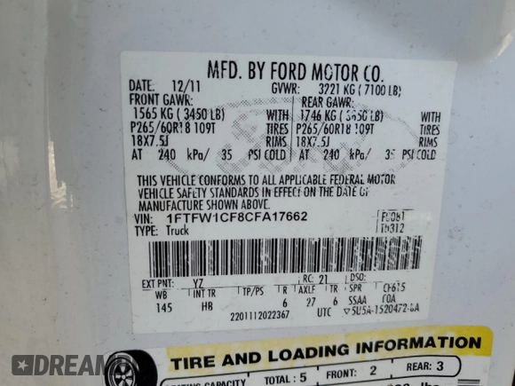 2012 Ford F-150 XL z VIN 1FTFW1CF8CFA17662, wystawiony jako Copart lot #53035185 z przebiegiem 186 194 mil mil oraz Czysty tytuł • Clean title. Historia ofert i sprzedaży dostępna na DreamBid. Obrazek 12.