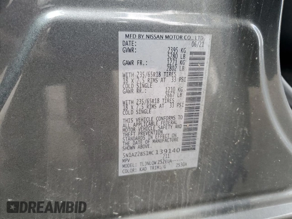 2021 Nissan Murano SV with VIN 5N1AZ2BS1MC139140, listed as a Copart auction lot 55604615 with 84,543 mi miles and Salvage title. Bid and sale history available at DreamBid. Image 14.