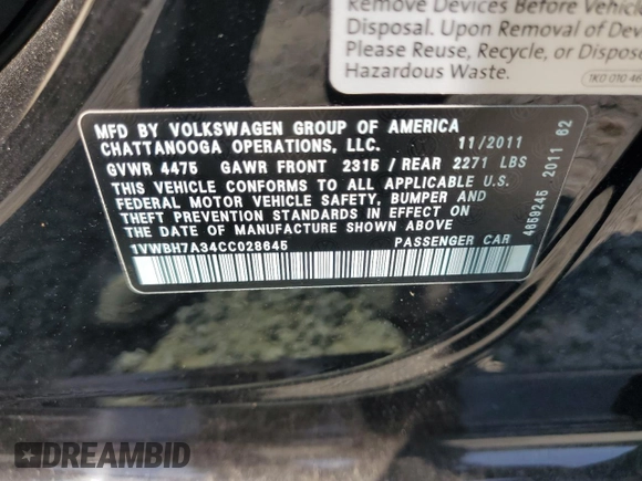 2012 Volkswagen Passat SE с VIN 1VWBH7A34CC028645, выставлен на аукционе Copart как лот 69521444 с пробегом 161 123 миль миль и Списание • Salvage title. История ставок и продаж доступна на DreamBid. Изображение 14.