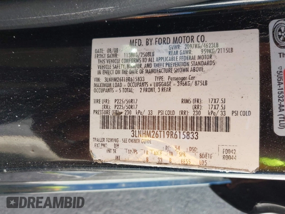 2009 Lincoln MKZ with VIN 3LNHM26T19R615833, listed as a IAAI auction lot 42062684 with 144,940 mi miles and . Bid and sale history available at DreamBid. Image 9.